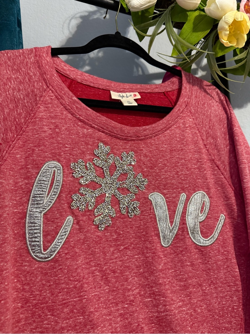NEW! Style & Co. Ladies’ Heather Red 'Love' Snowflake Sweatshirt